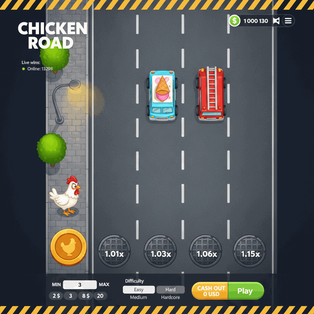Schermata di gioco Chicken Road che mostra un pollo bianco che attraversa una strada a corsie multiple con moltiplicatori visibili su ogni corsia, automobili in movimento e un marciapiede urbano con lampioni e alberi verdi sullo sfondo